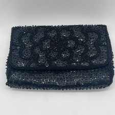 La Regale Black Beaded Floral Evening Bag Purse Art Deco Clutch Glam Shoulder