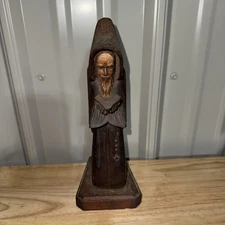 Vintage Monk Statue Hand Carved Detailed Wood Priest Figure Reading Book Bible