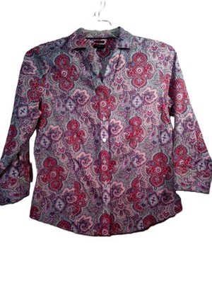 Talbots Petites Top Women 10p Pink Mandala Wrinkle Resistant Fitted 3/4 Sleeve
