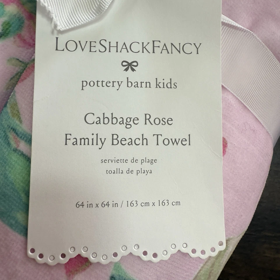 POTTERY BARN X LOVESHACKFANCY CABBAGE ROSE FLORAL PINK FAMILY BEACH TOWEL 64”SQ - Image 2 of 4