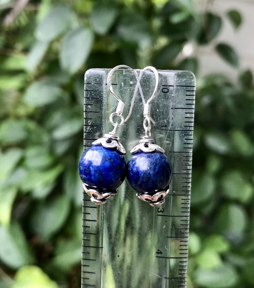 Orecchini in argento sterling 925 + perline rnd 10 mm originali lapislazzuli ... - Immagine 3 di 3