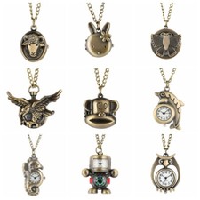 Retro 3D Design Bronze Quartz Pocket Watch Open Face Necklace Chain White Dial