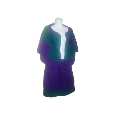 Wool Knit Skirt Set Open Crop Cardigan  Purple Green Outfit Unlined Medium 
