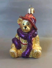 Old World Christmas Red Hat BEAR Blown Glass Ornament Merck Family 4" Purple Boa