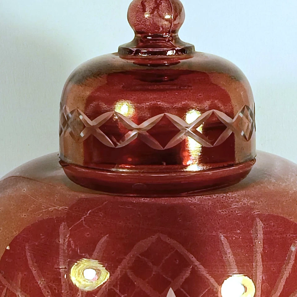 Vintage Bohemian Ruby Red Cut Glass Jar w/ Lid Czech Republic 9.75" Late 20thC E - Image 3 of 4