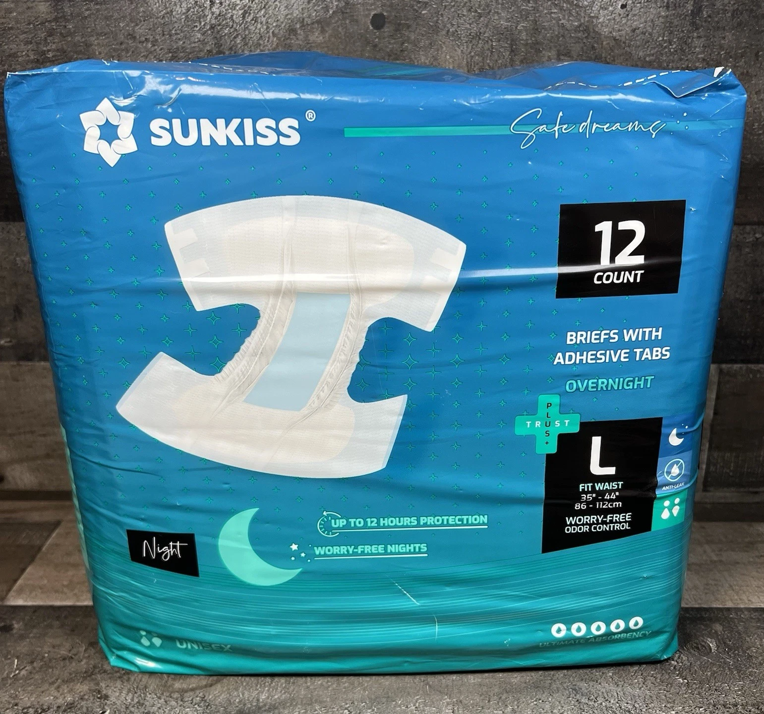SUNKISS TrustPlus Overnight Adult Diapers with Tabs, Unisex Disposable NEW 12 ct
