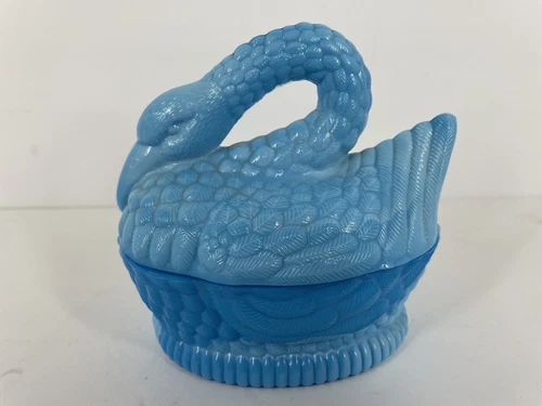 Vintage Blue Milk Glass Swan Goose Candy Dish