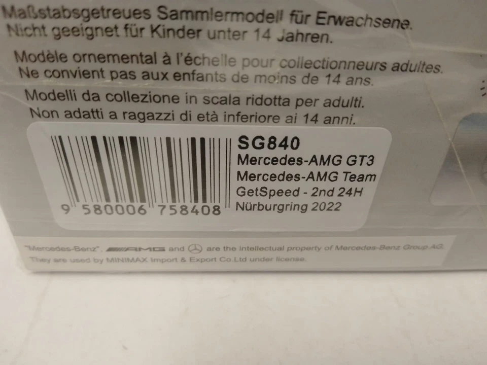 Spark Mercedes AMG GT3 BWT #3 Team GetSpeed 24H Nurburgring 2022 1/43 SG840 Foto 3 de 3