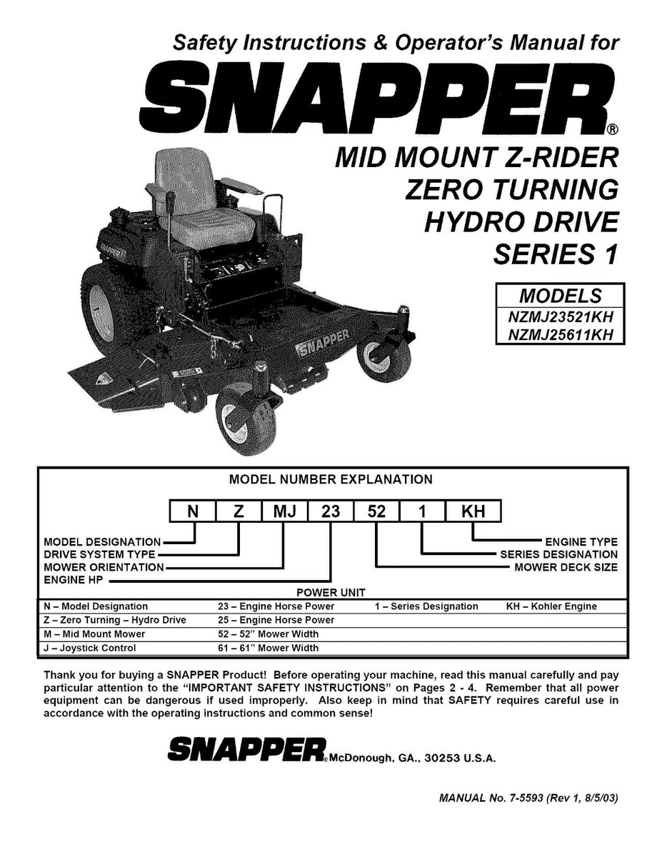 OPERATOR INSTRUCT MANUAL FITS SNAPPER Z RIDER ZERO TURN HRYDO MOWER 23HP 25HP