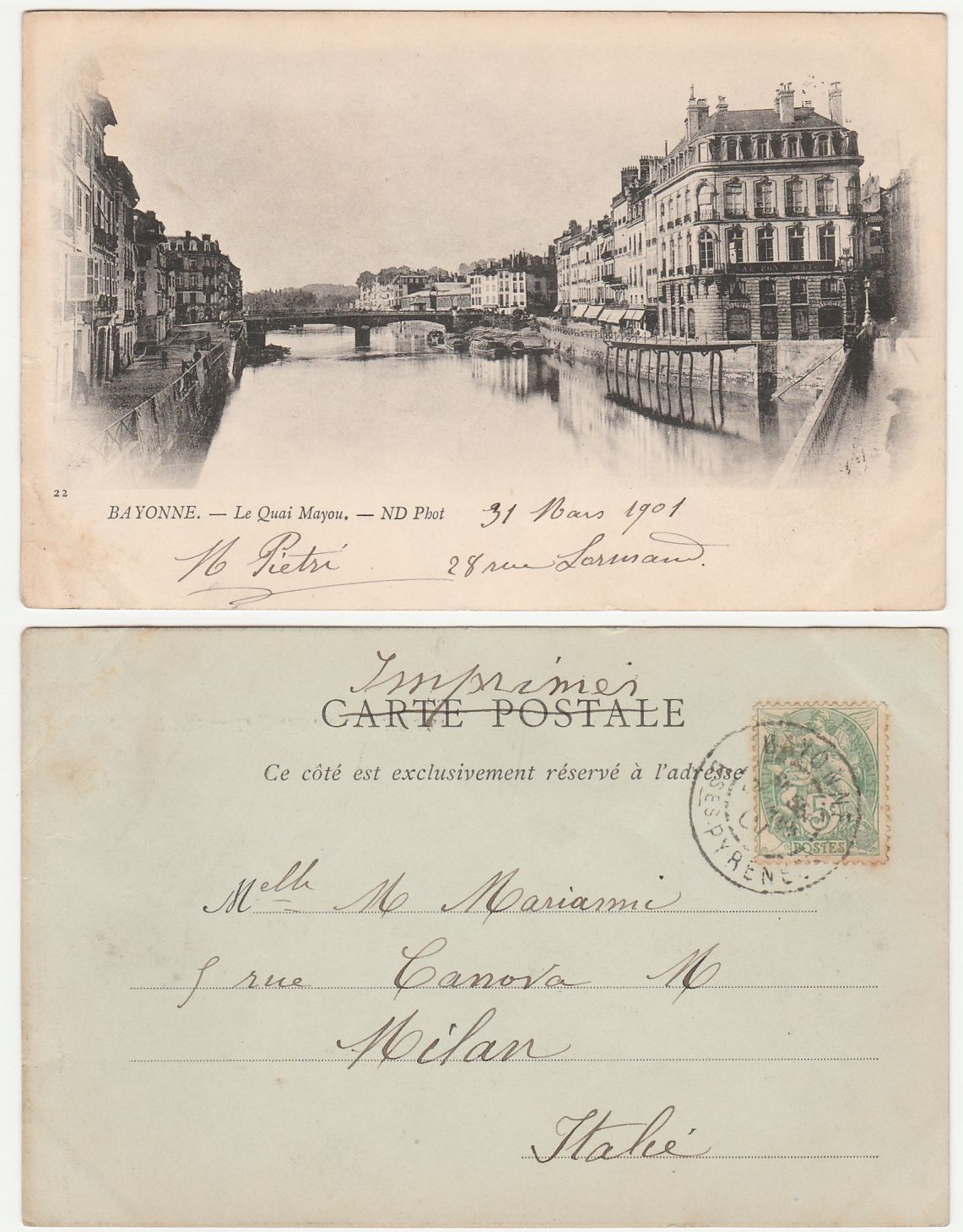 BAYONNE - FRANCIA - FRANCE - LE QUAI MAYOU - VIAGG. 1901 -19928-
