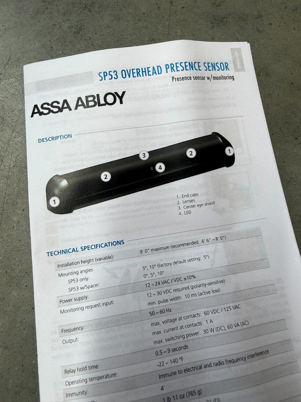 ASSA ABLOY BESAM SP53-M Frame Mounted, OPS Overhead Presence Sensor Open Box