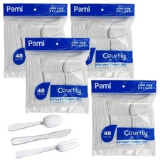 Heavy Duty White Plastic Cutlery Set, Forks Knives Teaspoons Disposable 96  192ct