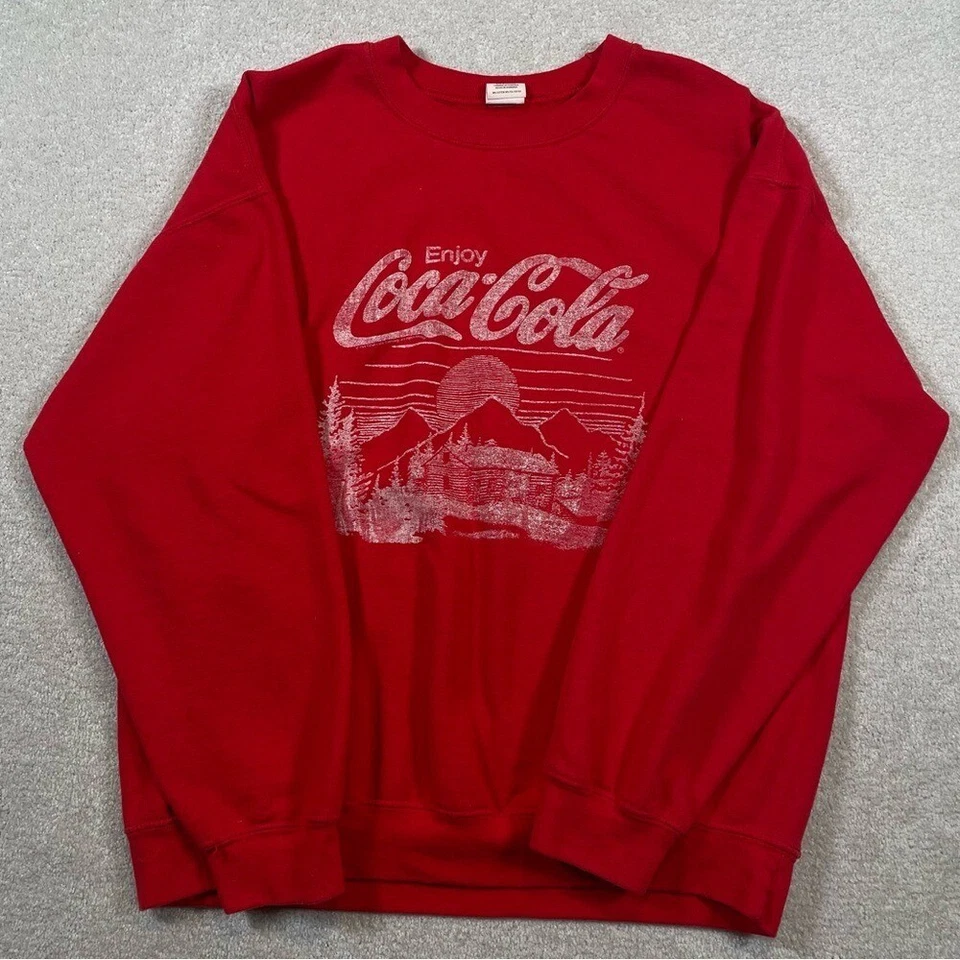 Moletom Vintage Coca-Cola Vermelho Gráfico Pulôver Log Cabin Moutain Masculino Grande - Imagem 3 de 4