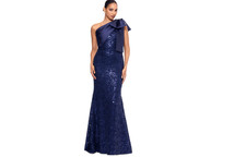 Betsy  Adam Women's Sequined Lace One-Shoulder Gown - Navy SZ:4US