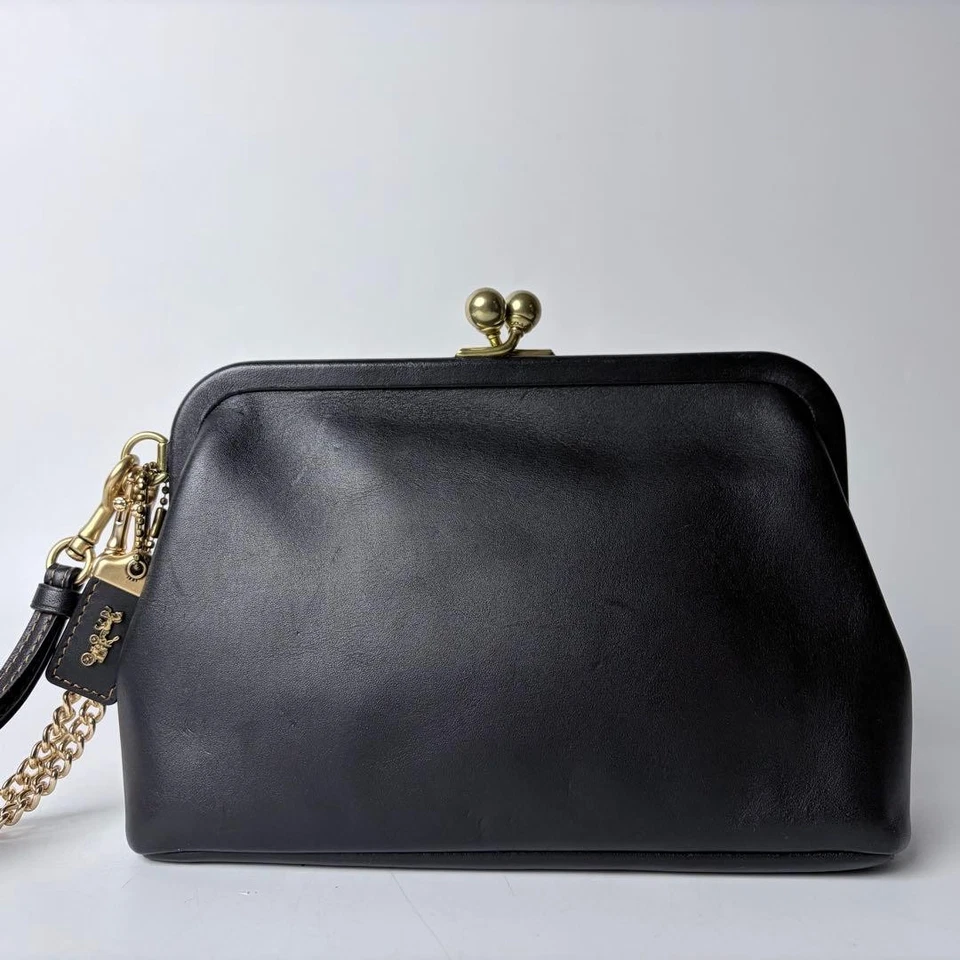 ТРЕНЕР 68327 винтажный поцелуй замок наплечная сумка мешок клатч кожи черная цепочка - Изображение 3 из 4