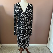 Tory Burch 100% Silk Long Sleeve Ruched V-Neck Dress Black White XL