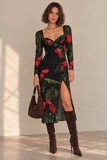 Farm Rio Black Tropical Floral Print Long Sleeve Midi Dress Romantic Boho M