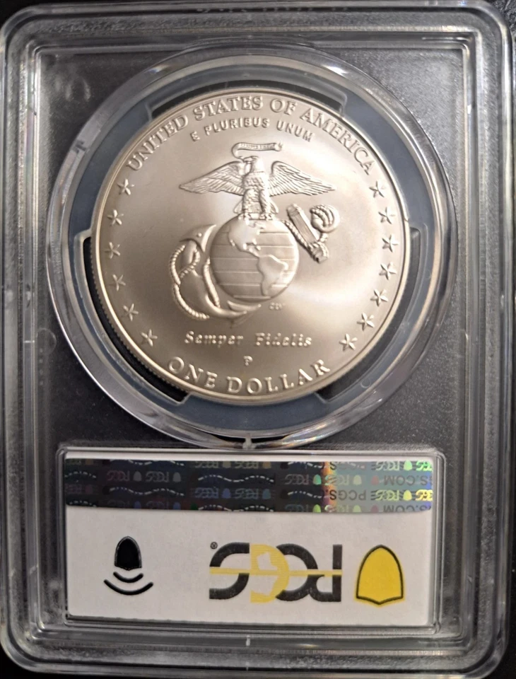 2005 P S$1 MARINE CORPS COMMEMORATIVE SILVER DOLLAR PCGS MS70 BLUE LABEL - Image 2 of 2