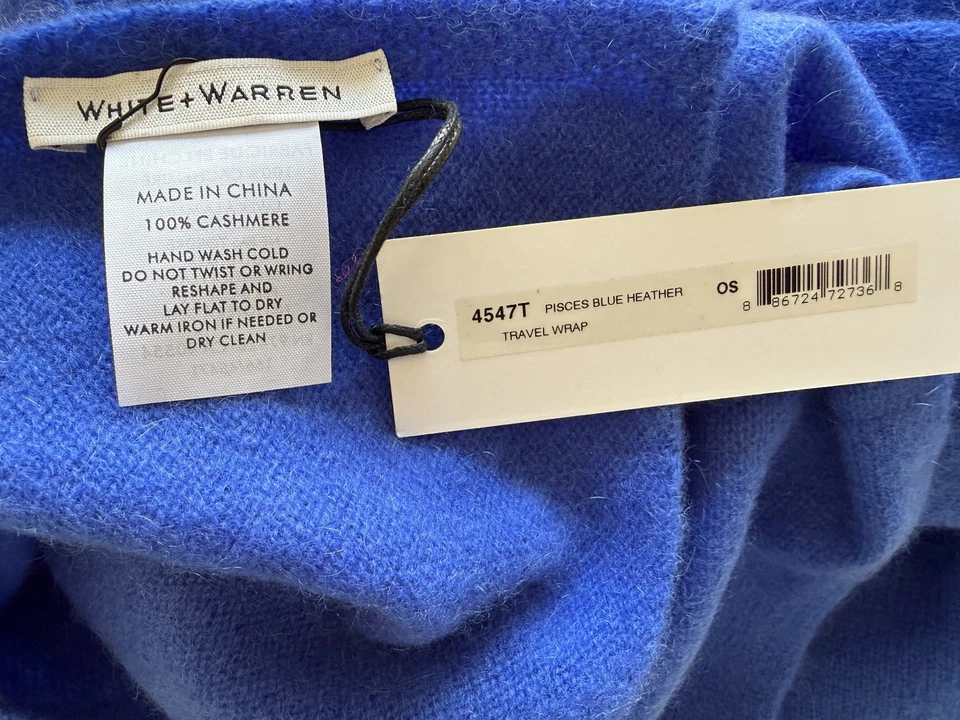 Bufanda envolvente de viaje blanca + Warren 100 % cachemir Piscis azul brezo 82""x36"" nueva con etiquetas Foto 3 de 3