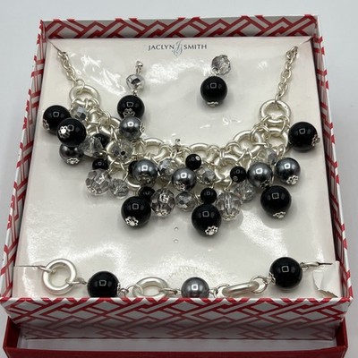 Jaclyn Smith Jewelry Set Black Gray Clear Bead Necklace Bracelet Earrings Kmart