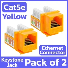 2 Pack RJ45 Keystone Jack Yellow Cat5e Ethernet  LAN Network Connector Coupler
