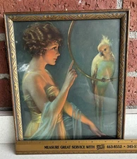 VTG Antique Framed Gene Pressler Print Flapper Girl Parrot 1920s 1930s Art Deco