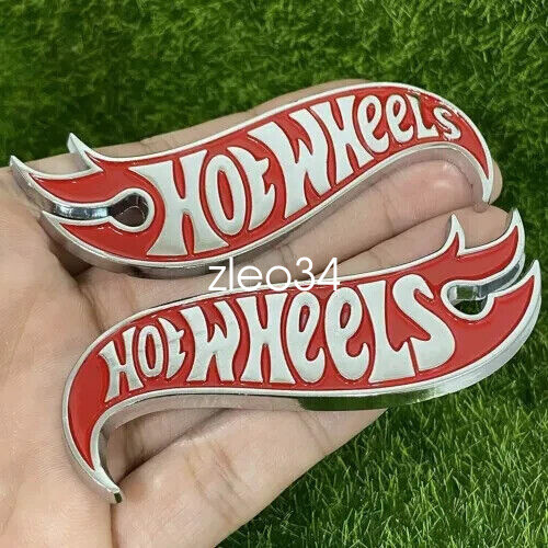2x 3D Metal Red Silver Hot Wheels Fender Lid Hood Badge Hotwheels Decal Emblem