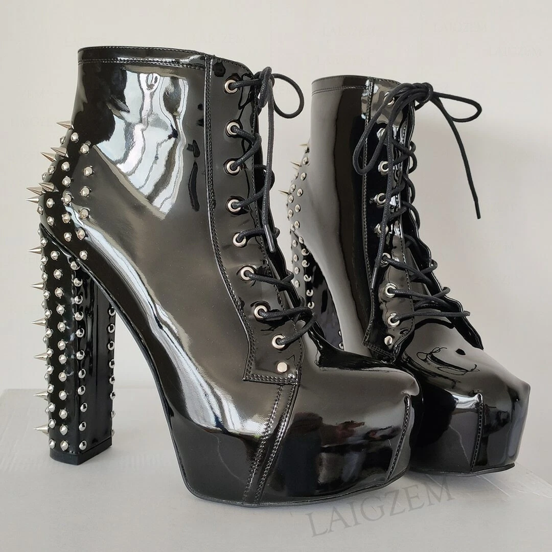 Studded Women Ankle Platform Boots Lace Up Thick High Heels Boots Shiny  Black