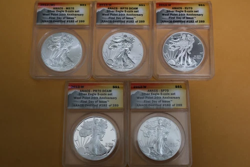 2013-W American Silver Eagle 1 Oz 5 Coin Set ANACS PR70 MS70 First Day Issues