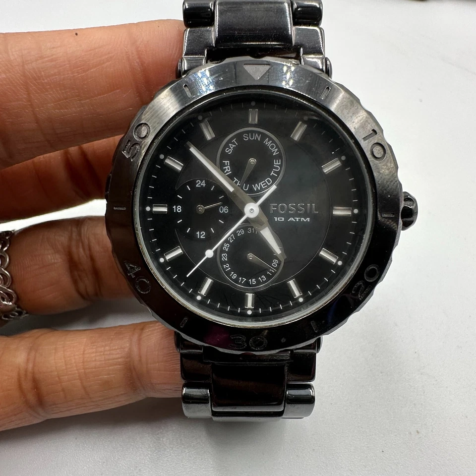 Fossil Riley 手表女式黑色 Day Date 38 毫米表盘陶瓷表带全新电池 6.25 — 第 4/4 张图片