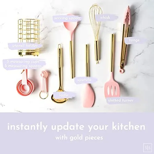 Gold Pink Kitchen Utensils Set 17 Pc Pink Silicone And Gold