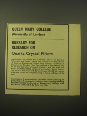 1966 Queen Mary College (University of London) Ad - Bursary for research