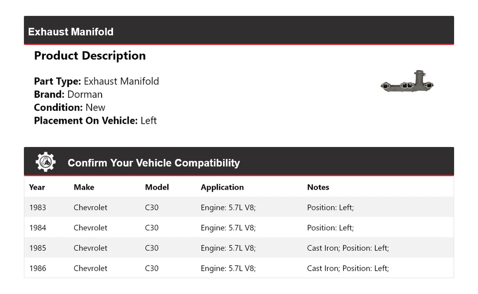 Colector de escape izquierdo para Chevrolet C30 1983-1986 5,7 L V8 Dorman 1984 1985 Foto 2 de 4