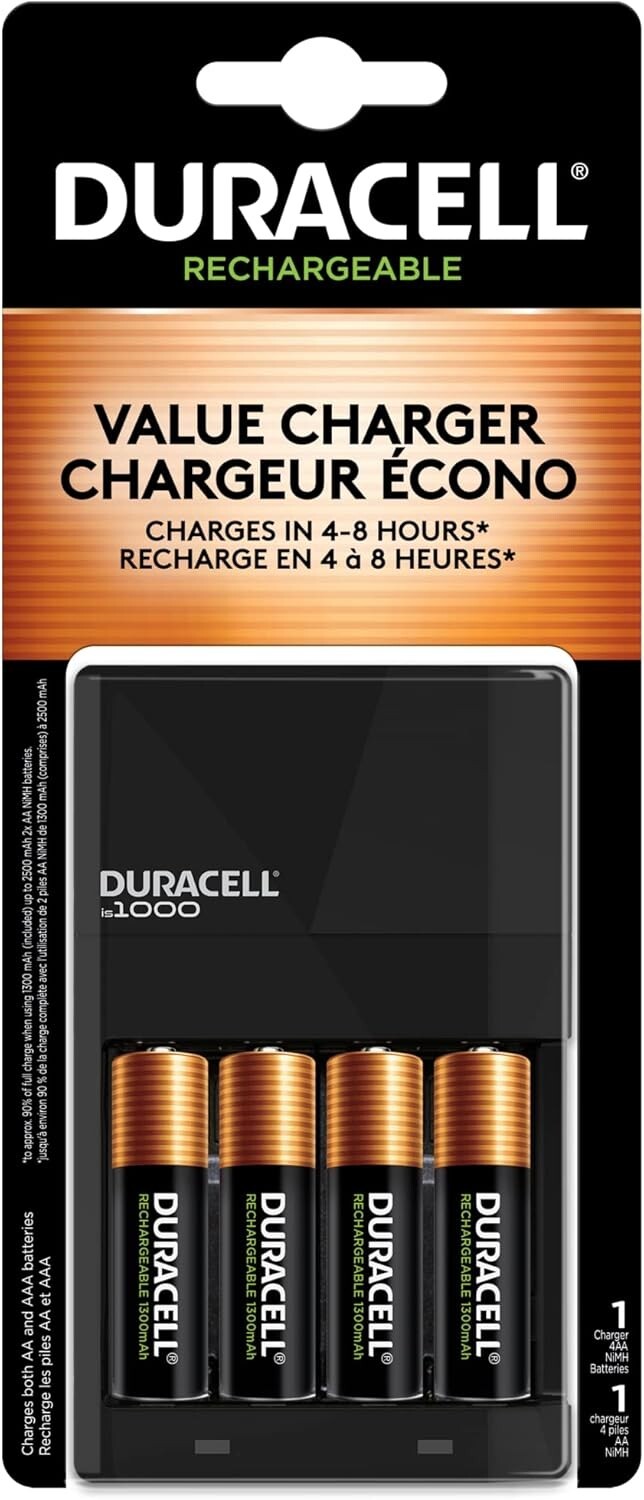 Duracell AA / AAA NiMH Battery Value Charger, With 4 AA Rechargeable Batteries