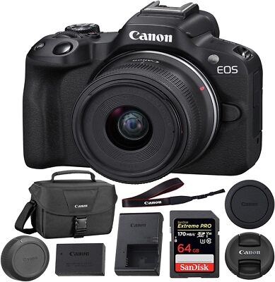 Canon EOS R50 Mirrorless Camera |18-45mm Lens |Black + 64GB Memory Card + Bag