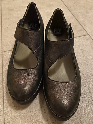 Fly London Graphite Perforated Leather Mary Jane Wedge Pumps 37 EUC 