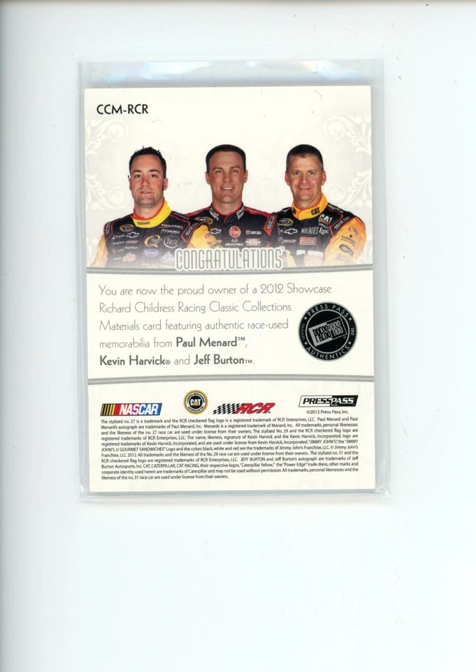 2012 Press Pass Showcase Menard Harvick Burton Classic Collections Relic 6/99 - Image 2 of 2