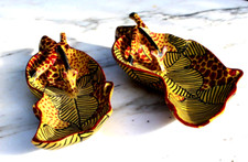 Pair Giraffe Drinking Wood Bowls African Kenya Folk Art Hand Carved  Painted