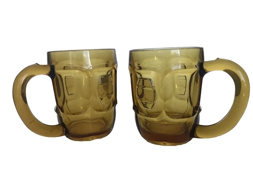 Amber Depression Glass ~ Two Barrel Themed Mugs ~ 10cm tall, 7½cm at brim