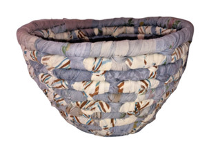 Handmade Wrapped Cotton Fabric Coiled Basket Blue Brown White 4 1/2" Tall