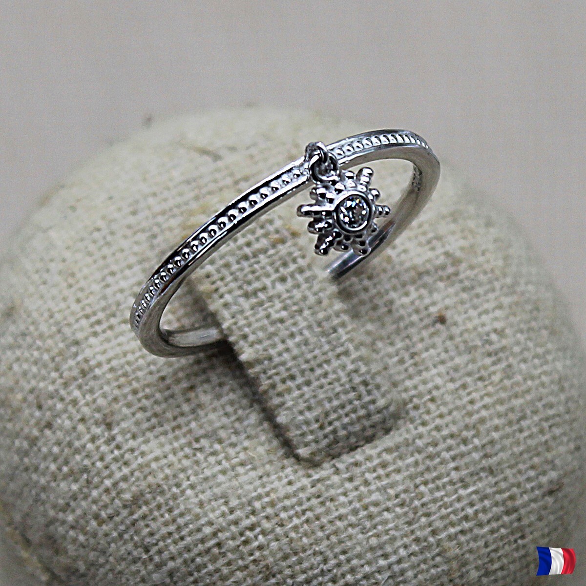 Bague pampille soleil argent 925 massif anneau anti-allergie ajustable