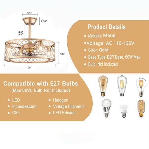 Industrial Ceiling Fan Light Cage Chandelier Lamp Living Room+Remote Control - Picture 3 of 10