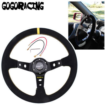 Universal 14'' 350mm 3'' Deep Dish Steering Wheel Black Suede Yellow Center Stripe