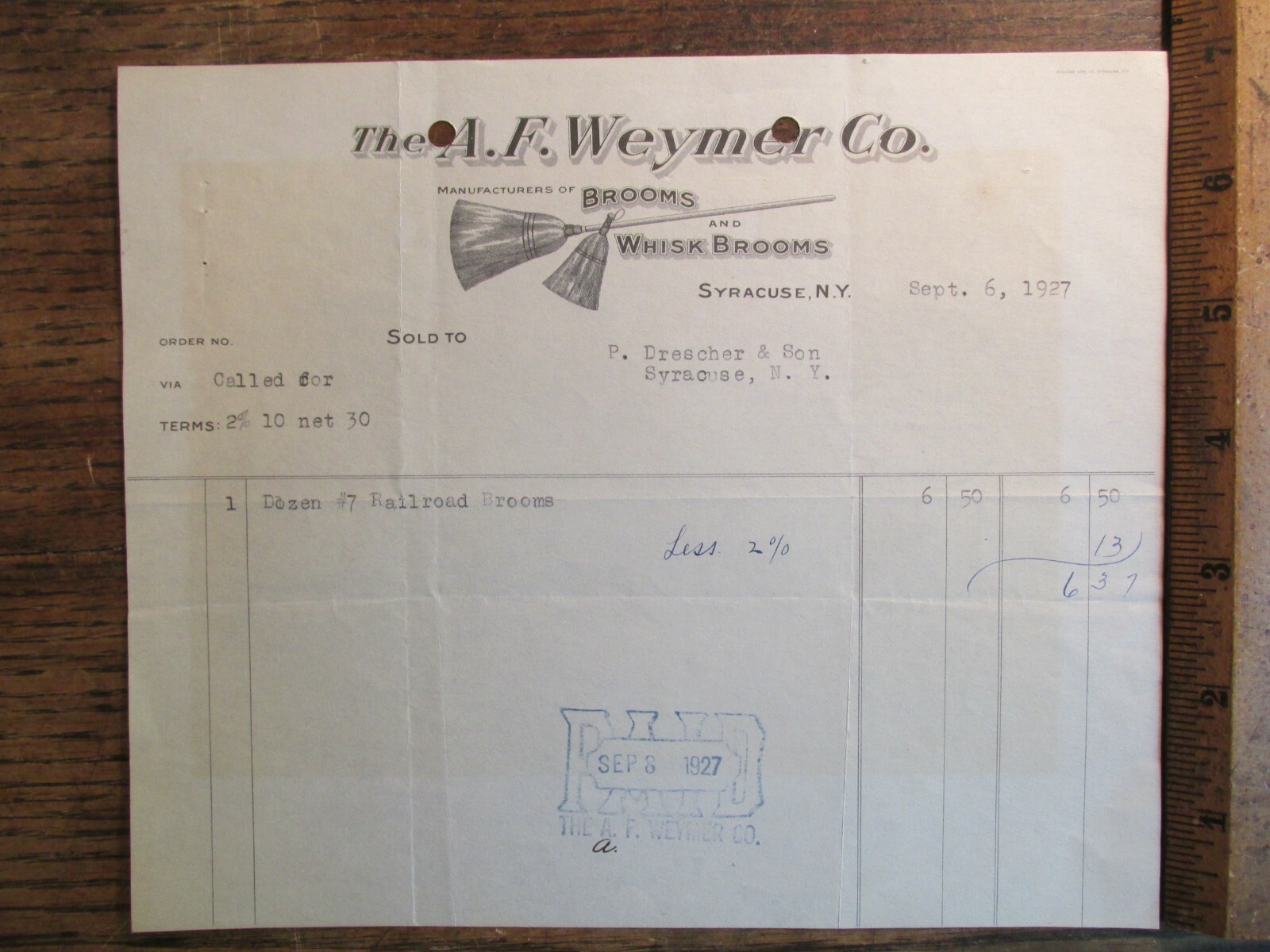 Antique Vintage Ephemera Billhead Syracuse NY AF Weymer Co Brooms Whisk Brooms