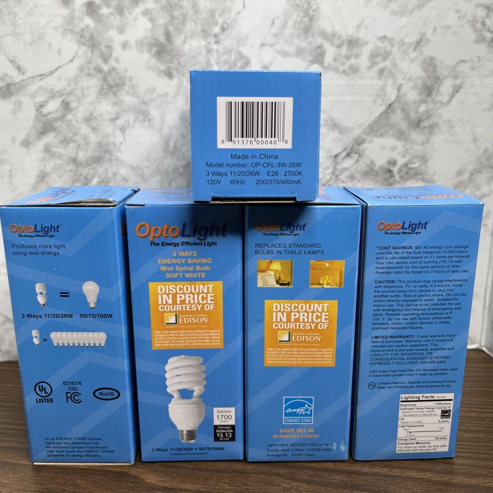 Group of 5 Energy Saving 32W/125W Equiv. OptoLight Spiral Light Bulbs New in Box - Image 3 of 3