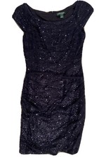 Lauren Ralph Lauren Evening Dress Navy Lined Sequins Ruching EUC Size 10