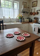 Crocheted Coasters, Doilies Holiday Theme Handmade, Set Of Four, Acrylic Yarn