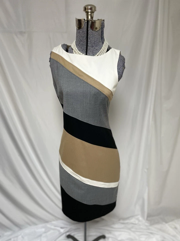 Traje de Vestido Casa Blanca Mercado Negro Talla 4 Diagonal Bloque de Color Rayas Lana WHBM Foto 4 de 4