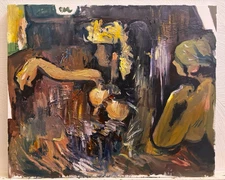 French Cubism Boudoir Aztec Figures Oil Painting Original Signed 20x24 Canvas