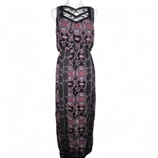 Free People Lace Neck Halter Maxi Dress Boho Festival Sheer Black Print S